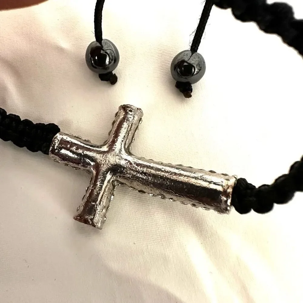 Rhinestone cross black cord adjustable bracelet